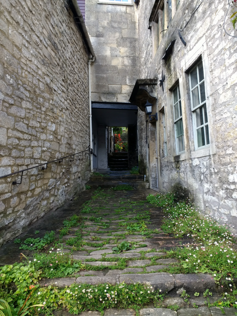 Alleyway in Bradford-on-Avon, Cobbled pathway and weeds.